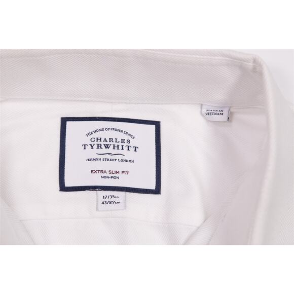 Charles Tyrwhitt White Non-Iron Herringbone Dress Shirt Extra Slim (43) 17-35 - Picture 6 of 7